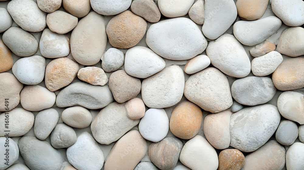 Poster a visually appealing collection of smooth, rounded rocks in neutral tones, creating a soothing and n