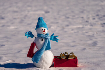 Snowman in a snowy field. Funny snowman with a carrot nose and scarf and winter hat. Classic...