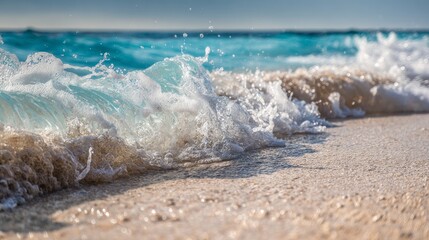 Obraz premium Closeup of waves gently crashing onto a sandy shoreline