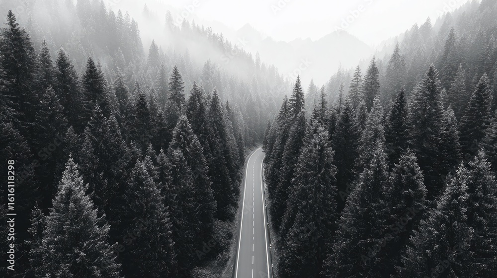 Poster drone aerial view of empty road cutting through dark forest foggy texture in monochrome top space op