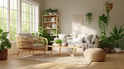 Cozy living room furnished with an armchair, coffee table, sofa, and houseplants