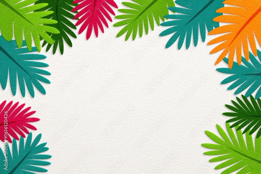 Poster festive composition of colorful palm leaves framing a blank textured canvas creating an inviting bac