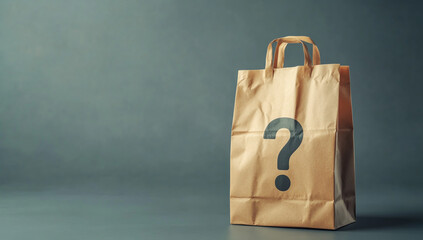 Brown paper shopping bag with a large question mark symbol on a dark gray background