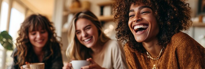 Joyful moment of friendship captured: three women laughing together over coffee, sharing warmth and genuine connection in a cozy, sunlit interior setting with pure happiness radiating