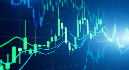 Fototapeta premium Financial Stock Market Chart Data with Green Candlesticks and Blue Lines on Dark Blue Background in a Business