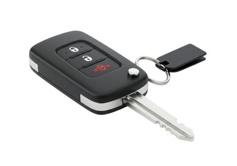 A modern black car key and remote control unit with a sleek matte black fob, silver buttons, and a red panic icon, on a plain transparent background with no shadows, commercial product photography