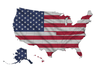Detailed outline map of the continental united states filled with a vibrant, rippling american flag fabric texture, isolated on a transparent background with diffused lighting, flat lay. Concept
