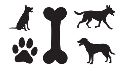 Illustration Vector of Dog Silhouettes with Bone and Paw Print in a Modern Style