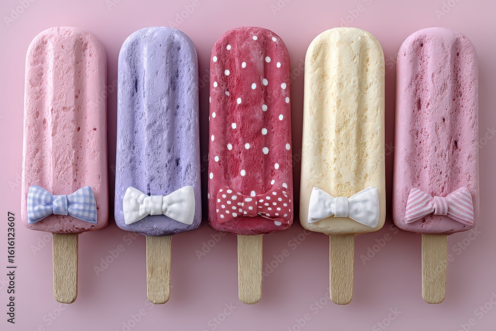 Poster colorful frozen dessert popsicles adorned with charming bow ties arranged in a delightful display on