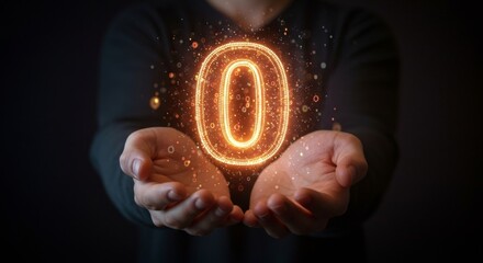 Person's Hands Holding Illuminated Number Zero, Glowing, Futuristic, Technology Concept