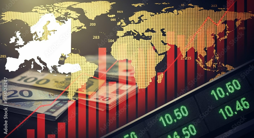 Poster gloomy stock market ticker displayed on a world map with falling chart lines and euro and dollar cur