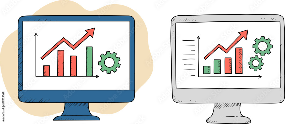 Poster hand-drawn style graphs on computer screens showing growth metrics
