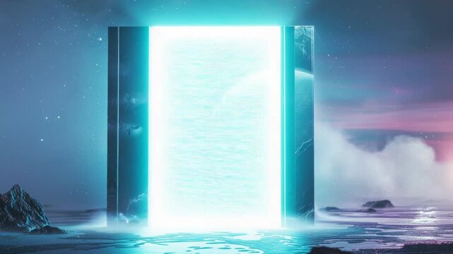 A single door stands alone in the middle of a desert, surrounded by sand and nothing else