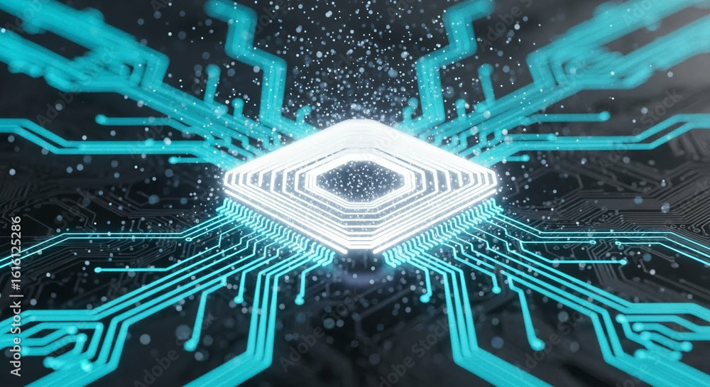 Poster glowing circuit board abstract with bright blue lines on dark backdrop in a futuristic style