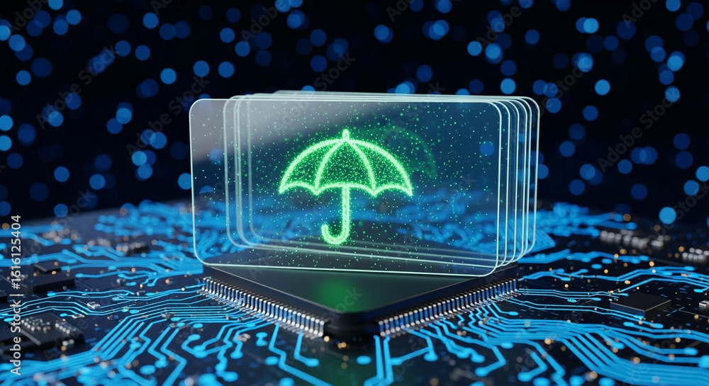 Aufkleber glowing green umbrella symbol above microchip on digital circuitry with blue bokeh background showca