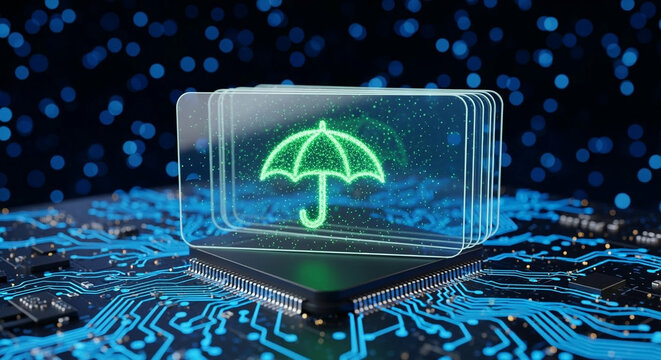 Glowing Green Umbrella Symbol Above Microchip on Digital Circuitry with Blue Bokeh Background Showcasing Security - Powered by Adobe