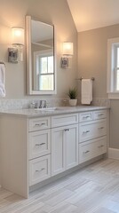 Elegant white bathroom vanity with marble countertop, featuring soft lighting, clean lines, and modern chrome fixtures in a serene neutral-toned space