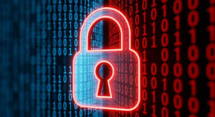 Glowing Red Padlock Symbol over Binary Code Background Representing Digital Security and Data Protection in