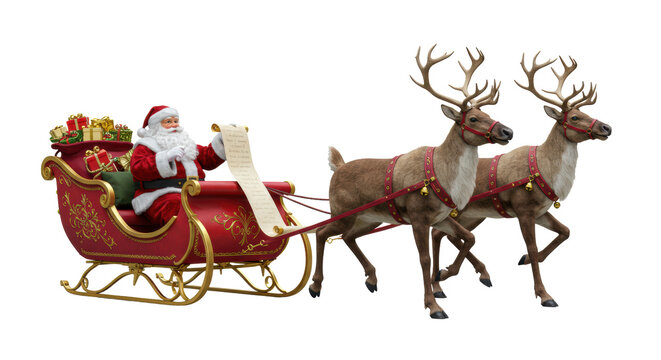 Jovial elderly santa claus in a red suit holding a scroll, seated in an ornate red sleigh pulled by five muscular reindeer in synchronized powerful stride on a transparent studio background. Iconic