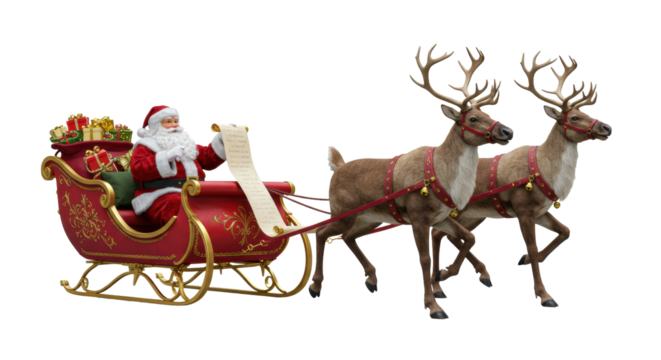 Jovial elderly santa claus in a red suit holding a scroll, seated in an ornate red sleigh pulled by five muscular reindeer in synchronized powerful stride on a transparent studio background. Iconic