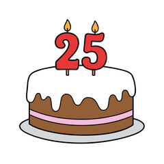 25th birthday chocolate cake with frosting and number 25 candle, isolated vector illustration on white or transparent background