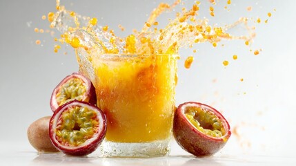 Passion fruit juice dramatically bursting from sliced fruit against a white background