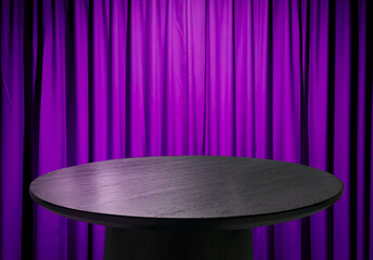 Minimalist black wooden round coffee table on purple curtain background with neon light ideal for modern luxury product display, or interior design concepts.