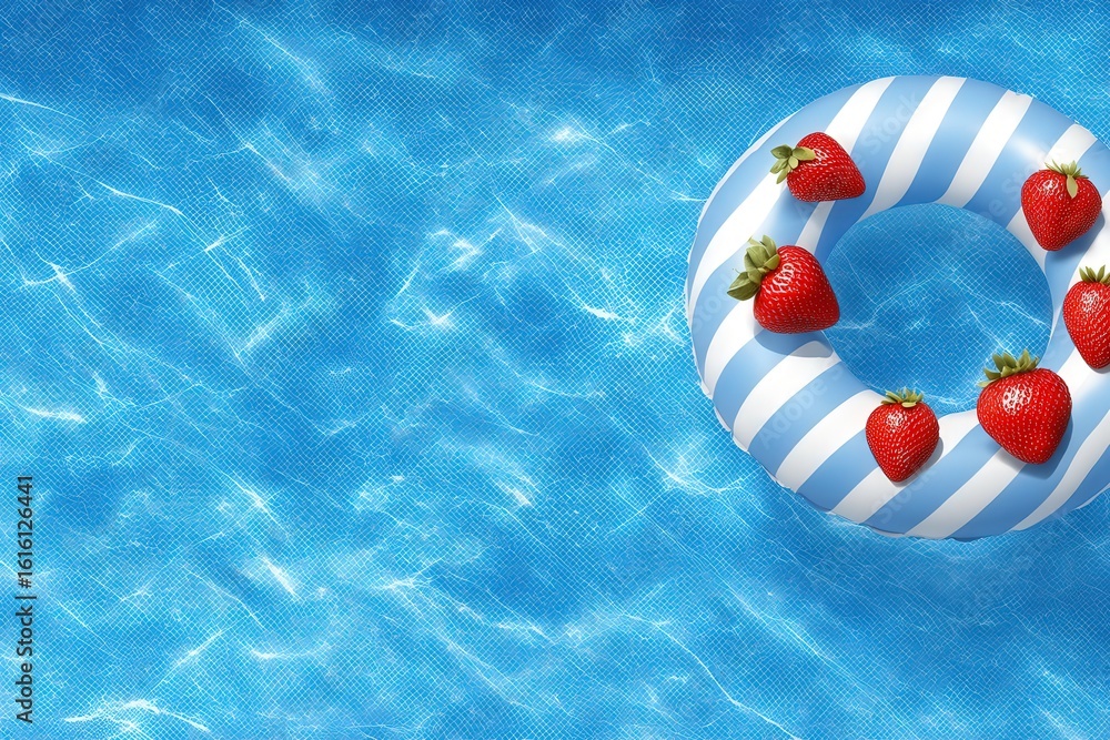 Poster floating on a dreamy blue pool with a stylish striped float adorned with fresh strawberries creating