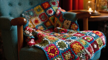 Cozy handmade crochet blanket with vibrant multicolored granny squares draped over a teal vintage armchair, creating a warm and inviting home decor scene with soft candlelight in background