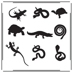 Obraz premium Set of 9 Black Reptile Icons: Lizard, Snake, Tortoise, Turtle, Crocodile, Gecko, Animal Silhouettes for Wildlife, Nature, and Zoo Design Projects