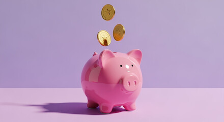 Golden Coins Falling into Pink Piggy Bank on Purple Surface for Finance Investment Concept Under Rim Lighting