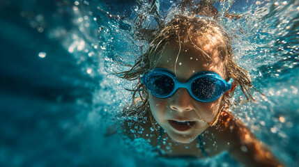 A young girl with blue goggles swimming underwater in a pool with bubbles and clear blue water around her