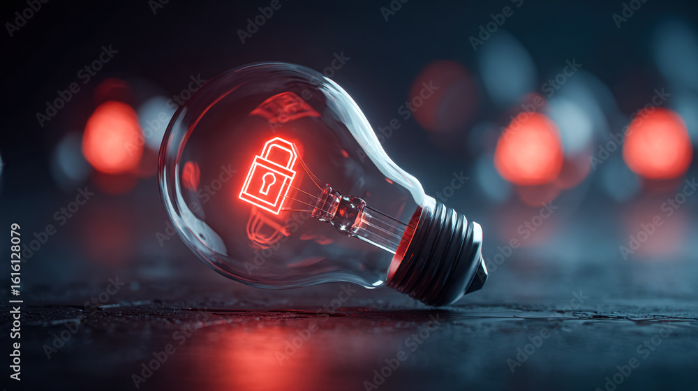 Poster illuminated light bulb with digital lock icon symbolizing cybersecurity or data protection