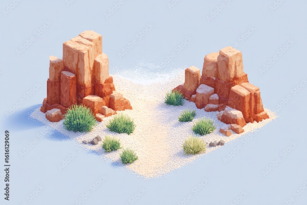 Poster isometric pixel-art desert background with subtle sand texture clear horizon line and empty space