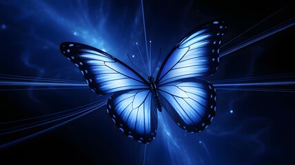 Stunning glowing blue butterfly emerges from abstract light streaks, symbolizing transformation and elegance