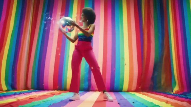 Energetic performer showcases vibrant dance moves against a lively rainbow backdrop, celebrating diversity and inclusion during a pride event. The atmosphere radiates positivity and joy