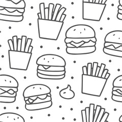 A fast food icon set features vector illustrations of burgers, fries, pizza, coffee, and desserts for menu design