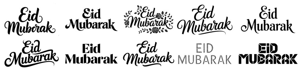 Eid Mubarak typography vector set black calligraphy lettering Islamic holiday greeting