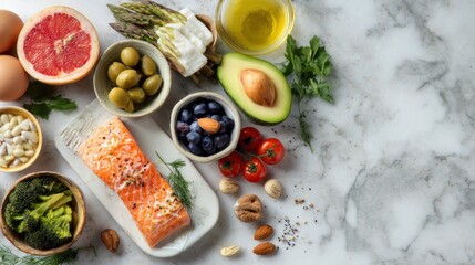 White tiled table showcasing various foods known to boost serotonin levels