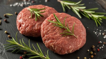 Raw burger patties with rosemary and spices for grilling barbecue summer delicious food gourmet tasty fresh
