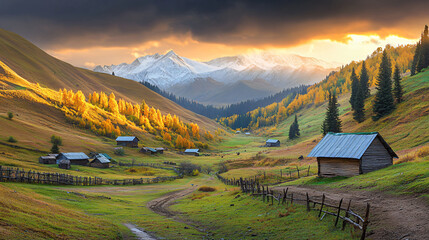 Serene mountain scene featuring a cozy cabin nestled amongst majestic peaks and pine trees