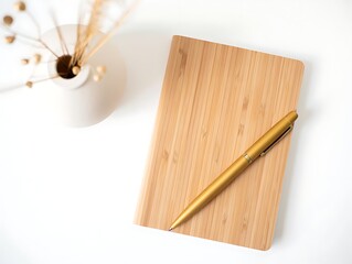 Minimalist flat lay featuring a cork notebook and a gold pen perfect for journaling planning or creative writing inspiration