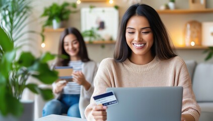 Women Shopping Online with Credit Card Smiles