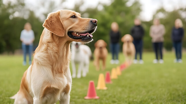 Golden retriever waits his turn at agility training class with his fellow dogs. A patient and well behaved retriever, is enjoying the outdoors. - Powered by Adobe