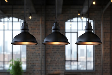 Three black pendant lights hang in a loft style room with brick walls and large windows