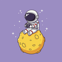 Cute cartoon astronaut sitting on a yellow moon surrounded by stars vector illustration