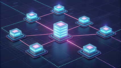 Photo of a blockchain network with interconnected nodes for secure data transfer