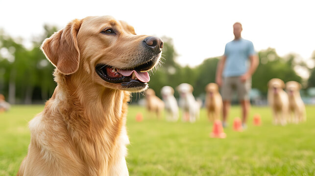Close-up of a golden retriever dog at an outdoor training session, with other dogs and a trainer in the grassy field.