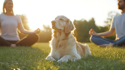 Serene golden retriever basking in the sun while people meditate in a peaceful outdoor setting. Relaxation and mindfulness in nature.