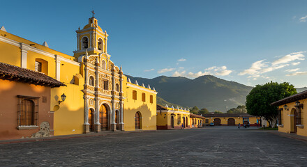 Photograph a brightly colored colonial-era church in Latin America, surrounded by a plaza or empty street. Highlight colonial facades, bell towers, and vibrant tones.